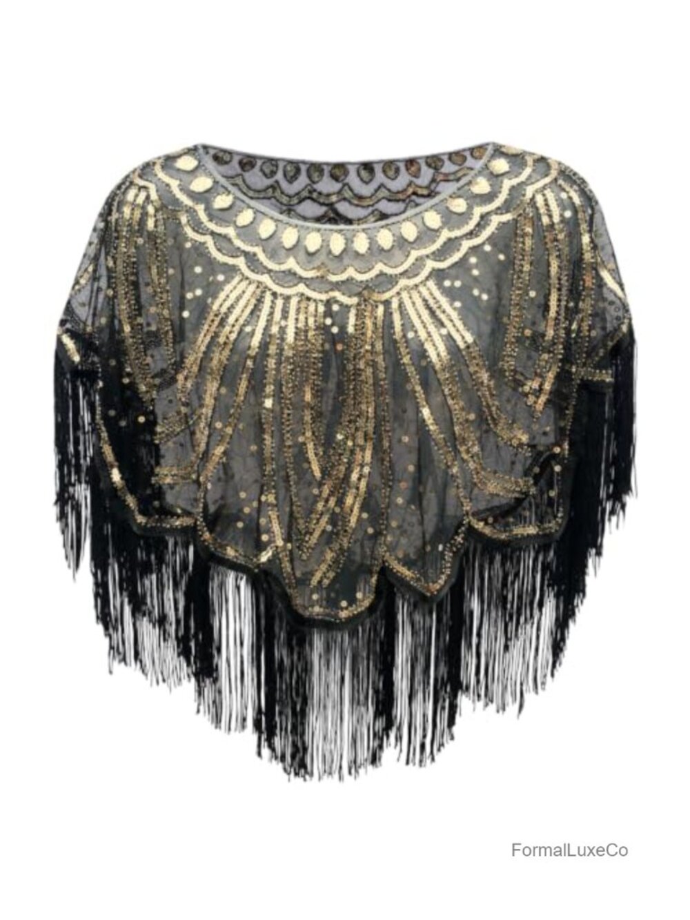 1920s Flapper Beaded Sequin Cape Shawl Sheer Mesh Fringe Poncho Gatsby